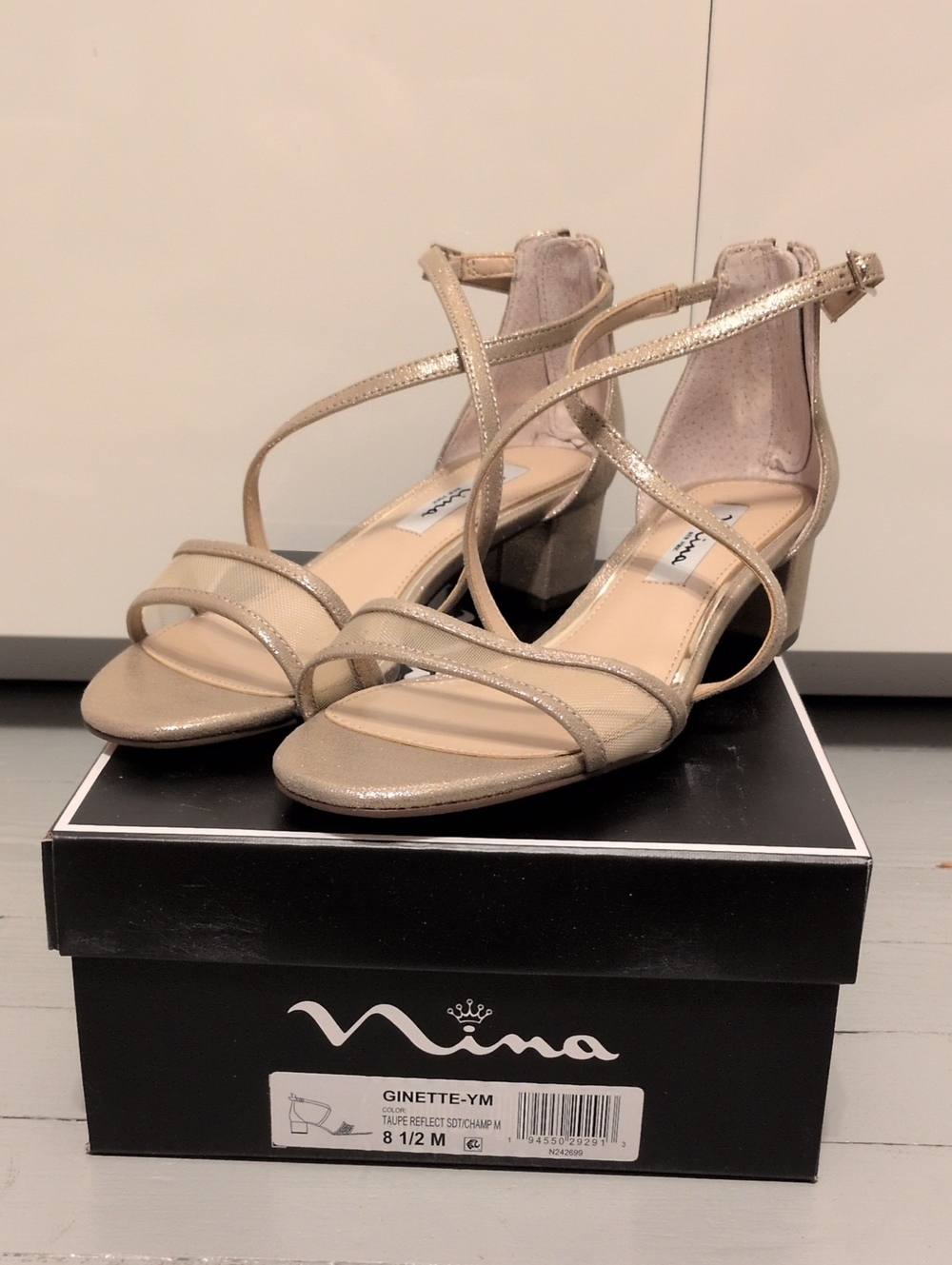 Nina Ginette Taupe Gold Metallic Block Heels